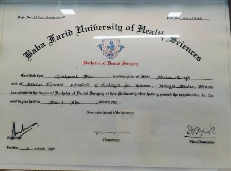 Bachelor of Dental Surgery (B.D.S.) degree certificate for Dr. Sukhpreet Virdy